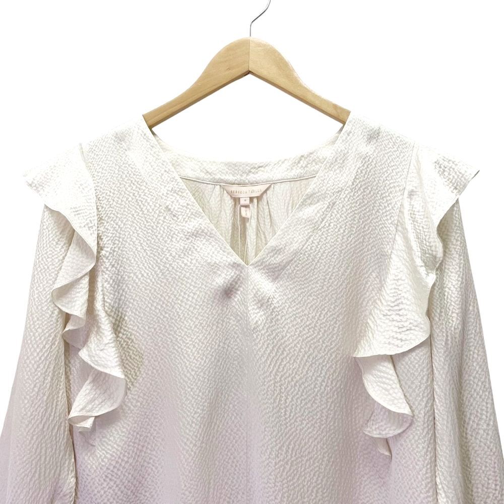 NWT Rebecca Taylor 100% Silk Ruffle Blouse Size 8 Ivory V-Neck $295 Long Sleeve - Picture 10 of 16